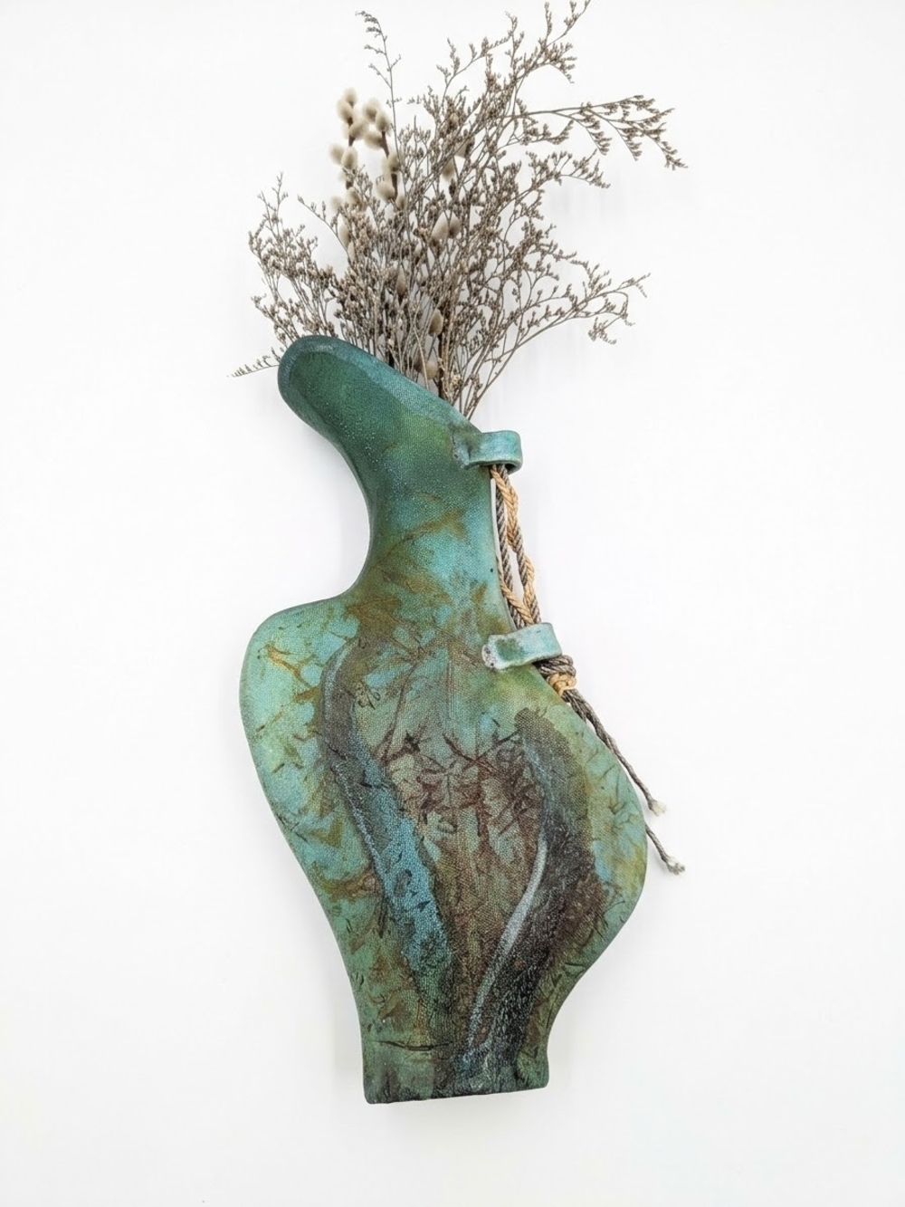 Vintage Studio Art Pottery Wall Pocket Vase Signed Penny Turquoise Verdigris